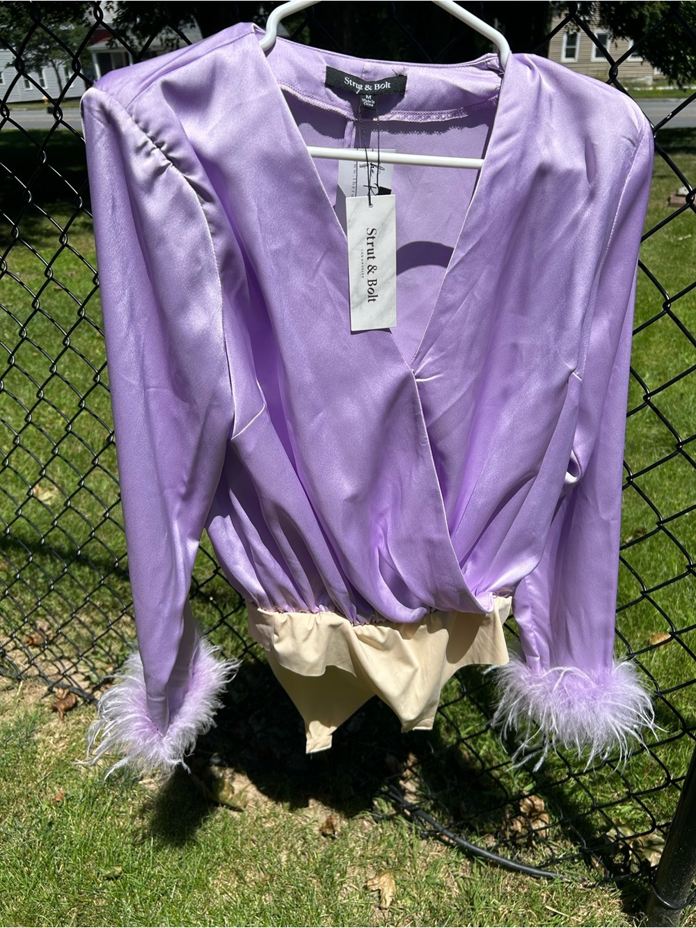 NWT STRUT & BOLT Satin Feather-Cuff Bodysuit, Wrap Style, Darts and V Neck